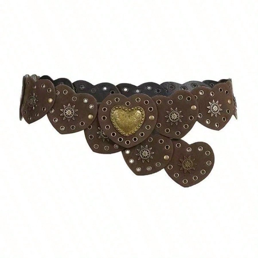 Retro Niche Style Heart-shaped Belt with Metal Decoration, Perforated Waist Belt, Adjustable Buckle