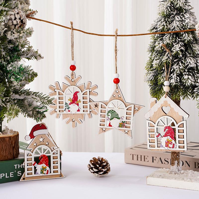 New Wooden Christmas Tree Decorations: Santa, Old Man, Snowflake, Faceless House Pendant.