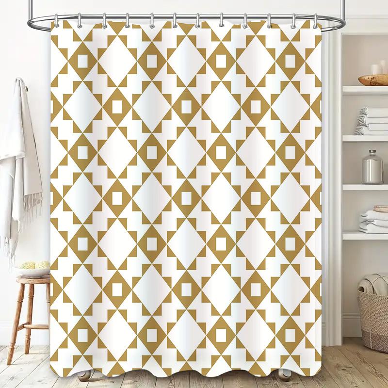 Classic Geometric Shower CurtainWhite Beige Diamond Pattern Decorative Bath Rug Mat Waterproof Shower Curtain in Multiple Sizes