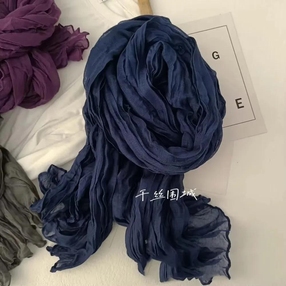 Solid Color Cotton Linen Scarf Retro Autumn Winter New Pleated Green Thin Strip Shawl Men'S Women'S Thermal Silk
