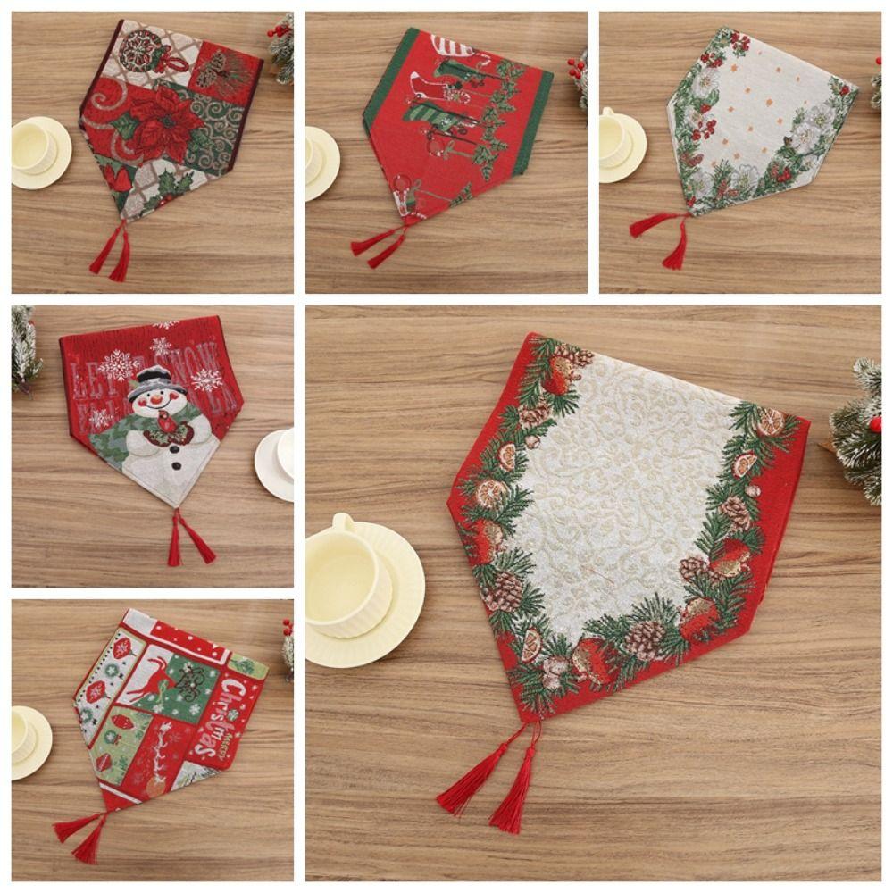 Red Christmas Table Runner Tree Santa Claus Tablecloth Flower Linen Table Cover  Christmas Eve