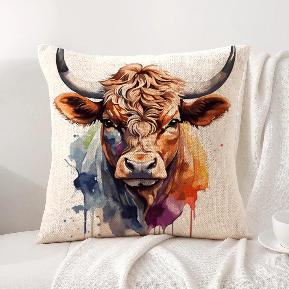 Hochlandrind und Blume Kissenbezug Natürlicher Leinen Bio-Stoff Beidseitiger Druck Sofa Heimdekor Geschenk Kissenbezug