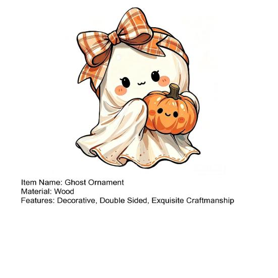 Rustic Autumn Table Centerpiece Halloween Wooden Ghost Ornament with Pumpkin Pattern, Double Sided Desktop Decoration, Cute Figurine Spooky