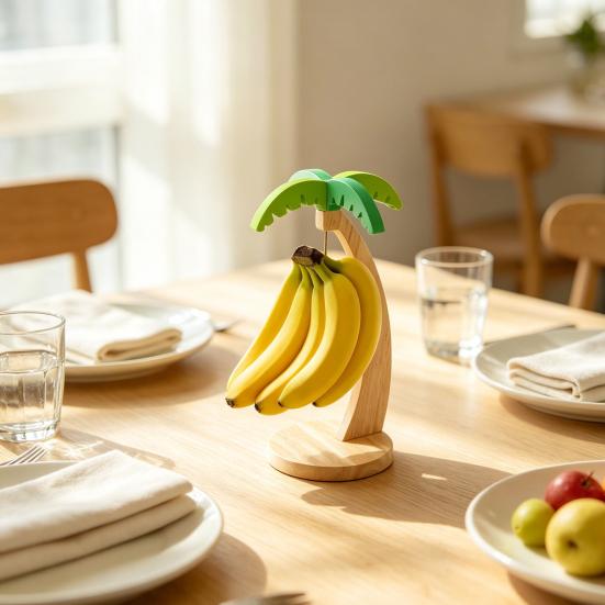 Solid Wood Banana Rack Wooden Hanger, Coconut Tree Shape, with Metal Hook, Fruit Display Stand Tropical Theme Stable Base Rack, for Kitchen Countertop