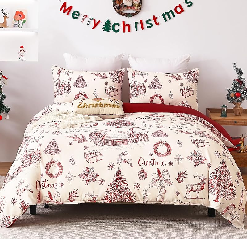 

3 Красных Рождественских Пододеяльника С оленями, снежинками, фермерским домом, Мягкая Микрофибра, включая 2 Наволочки EU single(135x200cm)