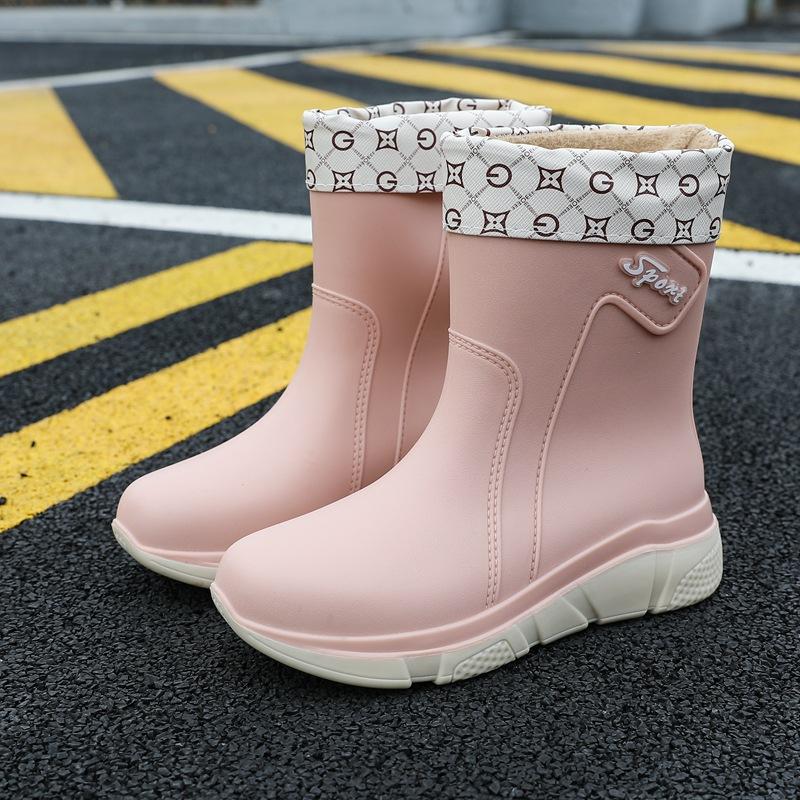 New Rain Shoes Women's Adult Medium Tube Rain Boots Non-slip Water Shoes Velvet Cotton Kitchen Short Rubber Shoes Fashion