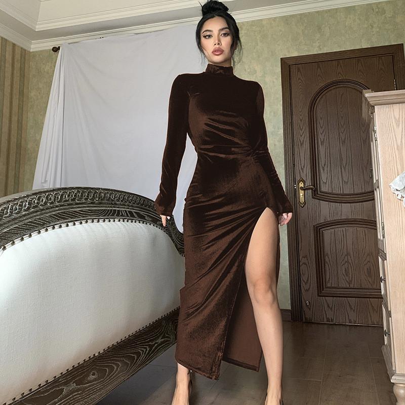Elegant Velvet Long Dress With High Neck And Slit For Autumn Winter Wear