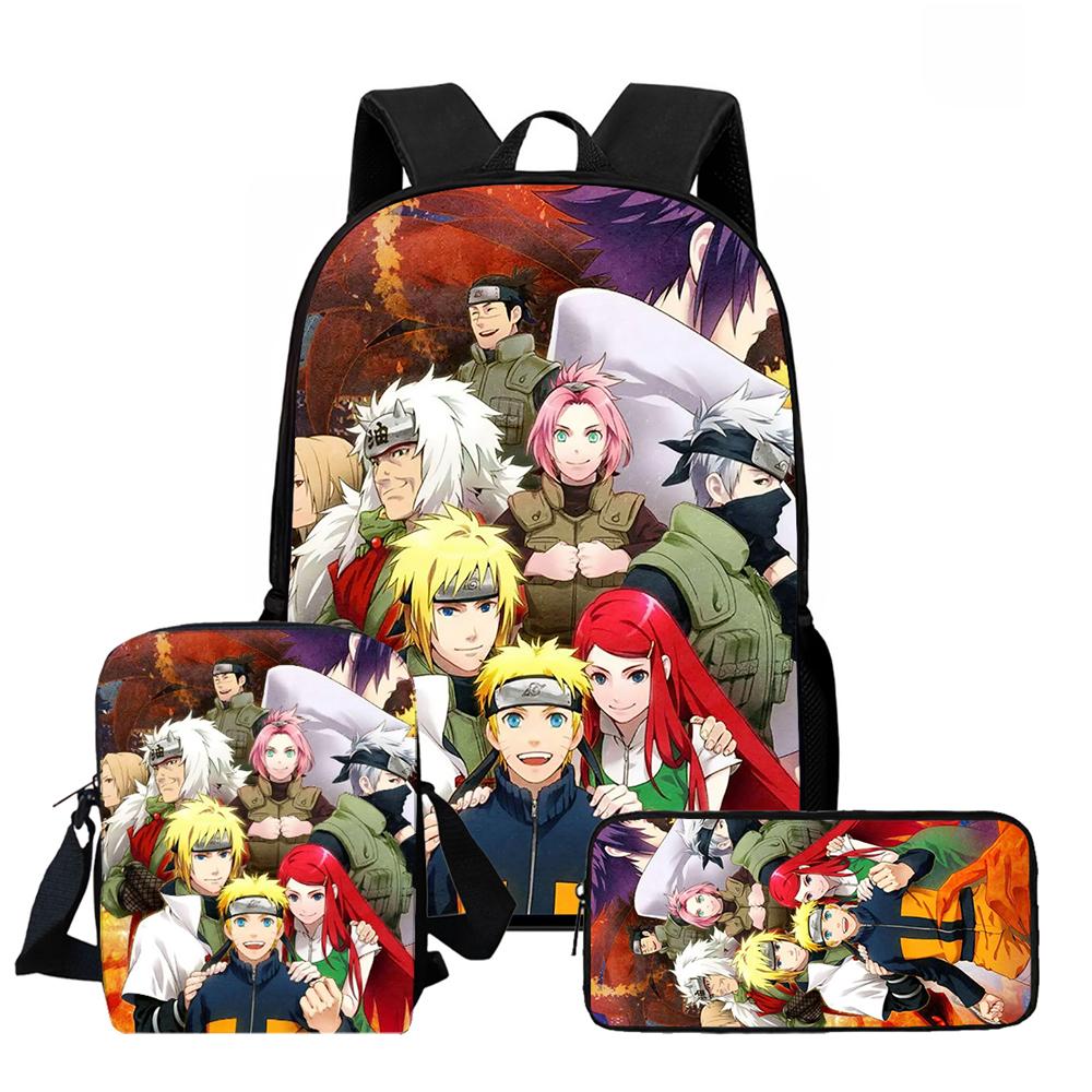 3Pcs Set Kids Backpack with Crossbody Bag & Pencil Bag, Cartoon NARUTO Lightweight School Bag for Boys & Girls Aged 5-9