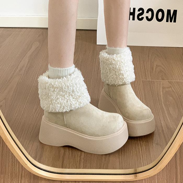 Women's soft elastic thick sole a foot stirrup winter fur one warm cold padded snow boots non-slip wear casual sports cotton boots