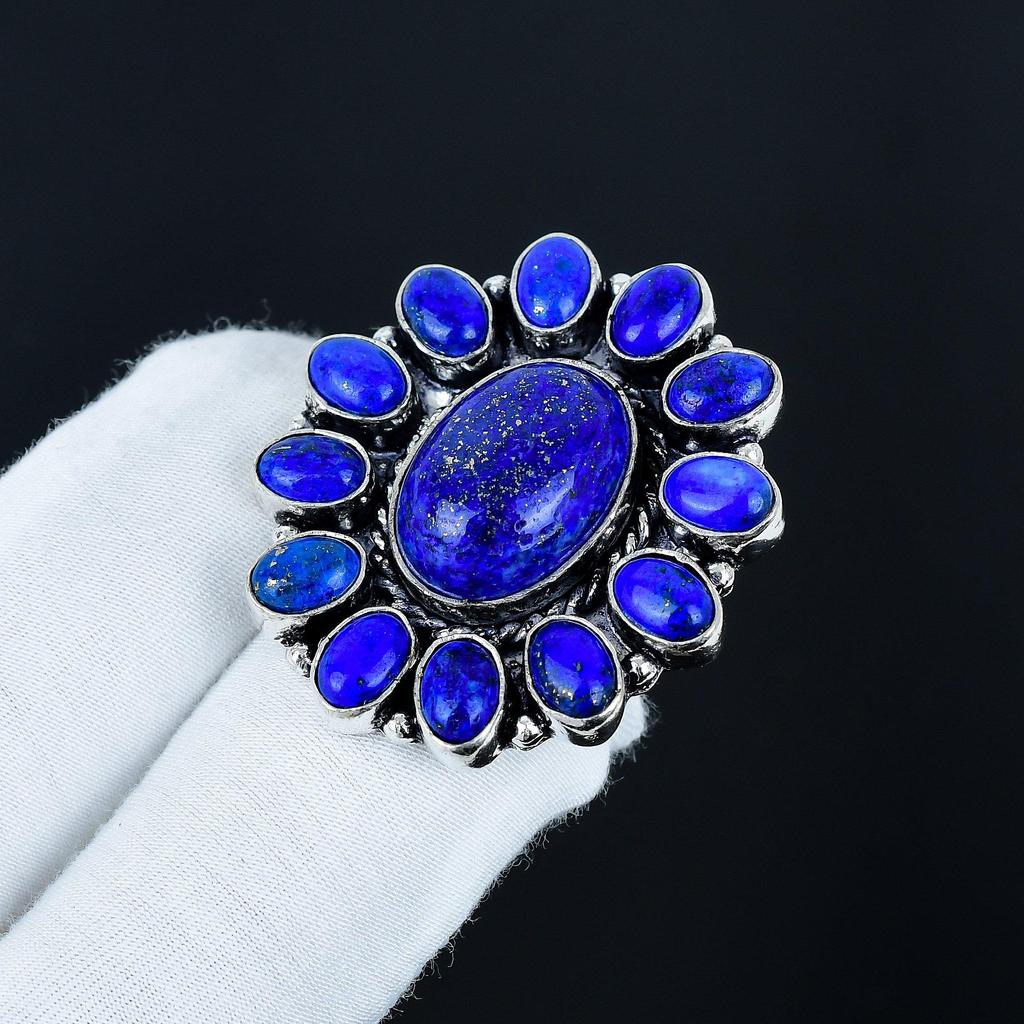 Natural Lapis Lazuli Gemstone Ring, 925 Sterling Silver Ring, Gift For Her, Oval Stone ,Elegant Handmade Ring, Lapis Lazuli Flower Silver Ring Gift
