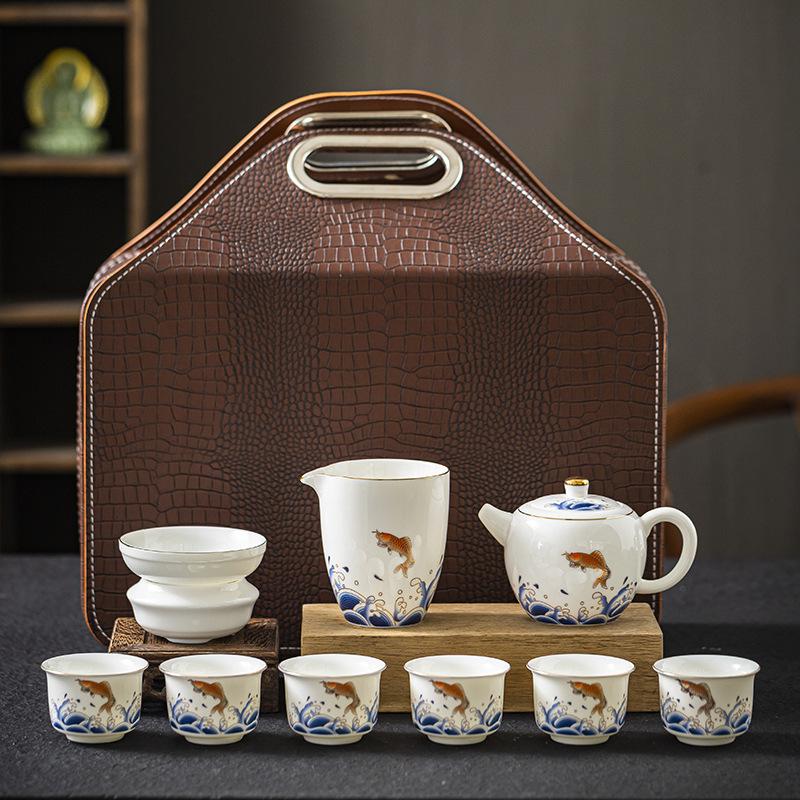 

Дорожный набор для чая Кунг-фу Нефритовый фарфор Домашний Легкая роскошь Чайник Чайная чашка Уличный Экспресс Портативный Дорожный чайный набор