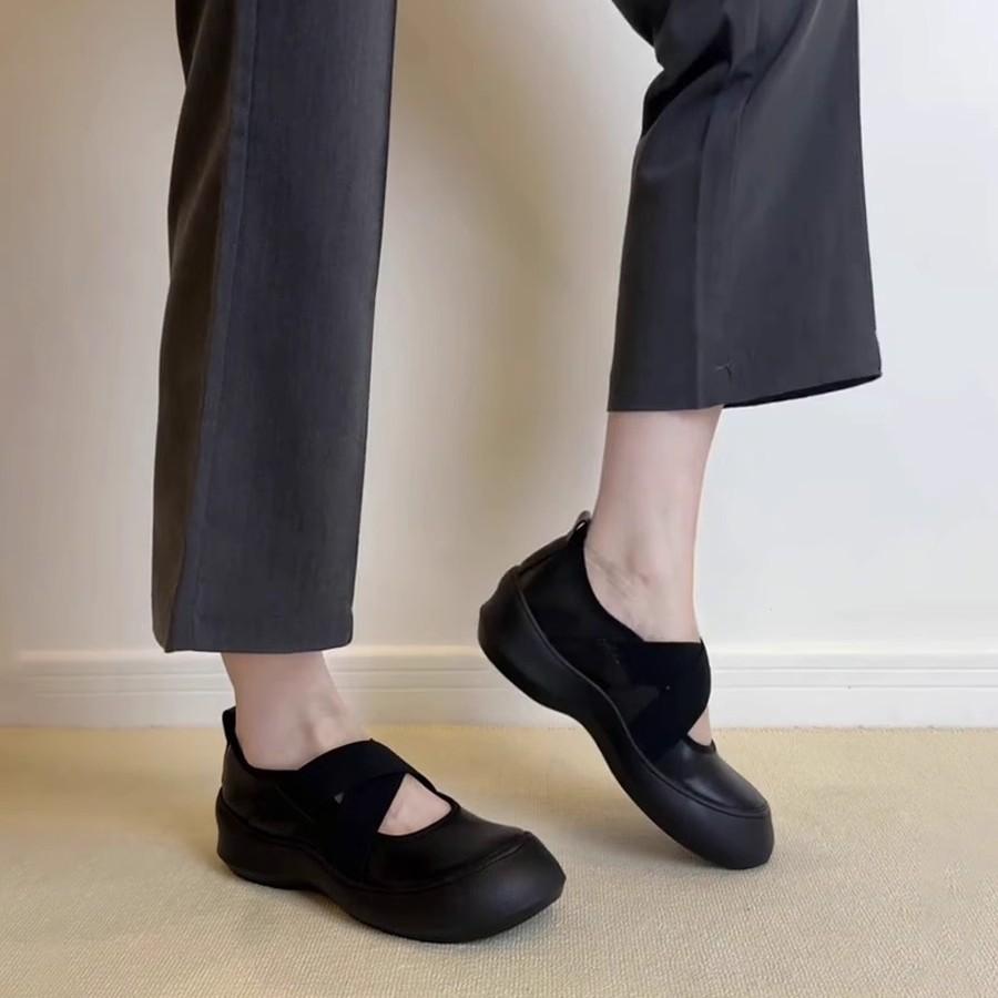 Soft leather version~ platform sports cross strap Mary Jane small leather shoes round head ballet shoes women's shallow mouth retro single shoes