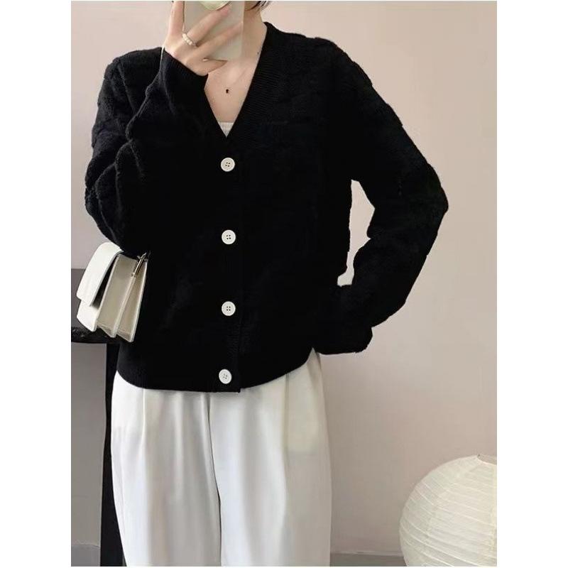 

Осенне-зимний ретро-кардиган с квадратным V-образным вырезом, однобортный, с вышивкой полотенцем, однотонный кардиган, свитер, куртка one size чёрный
