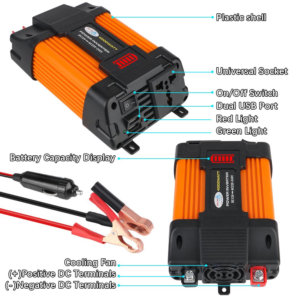 4000W 12V To 220V Voltage Converter Adapter Inverter LED Voltage Capacity Display Car Power Inverter Transformer Converter