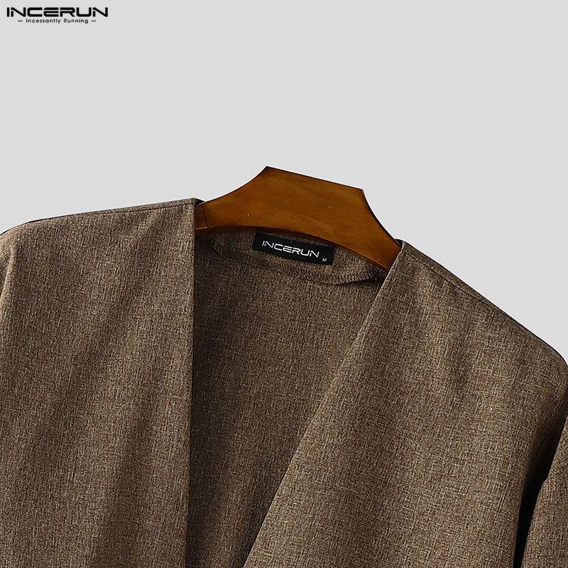 INCERUN Oversized Men Long Sleeve One Button Casual Loose Cardigan Thin Kimono Tops