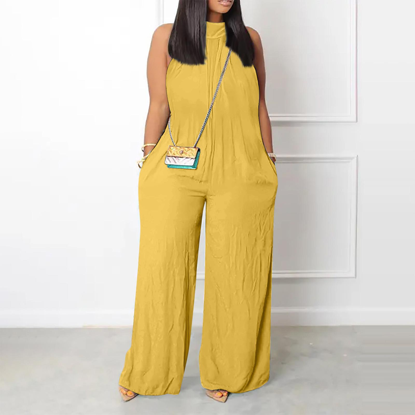 

Women s Casual Retro Jumpsuit Summer Beach Sleeveless Round Neck Color Casual Fashion Wide Leg Jumpsuit XXL жовтий