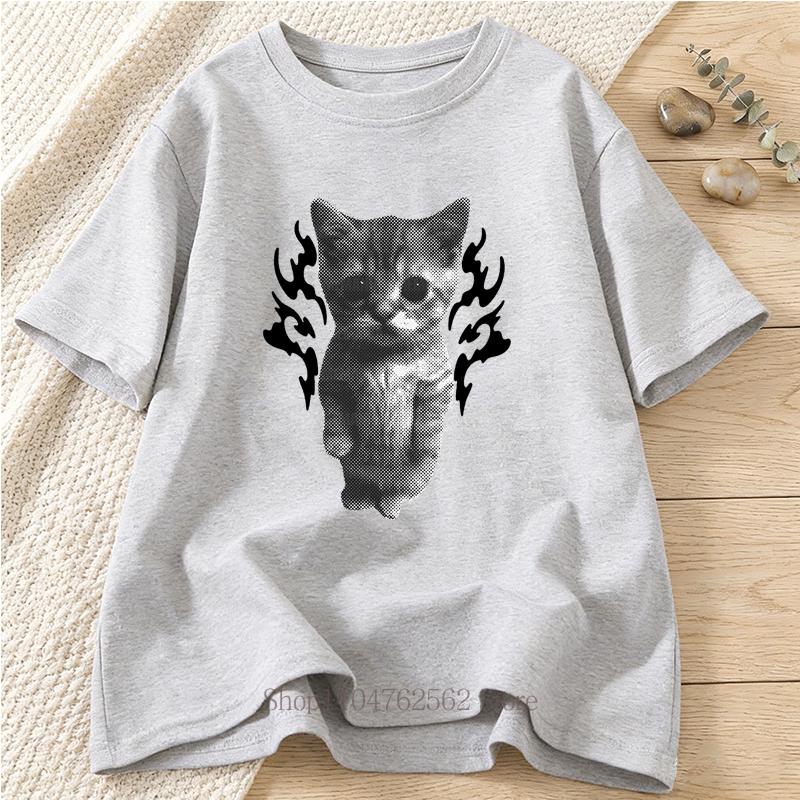 Flame Cat Vintage Graphic Print Tshirt Summer Womens Clothing Casual Fashion Funny Tops Streetwear ONeck Short Sleeve Tshirt
