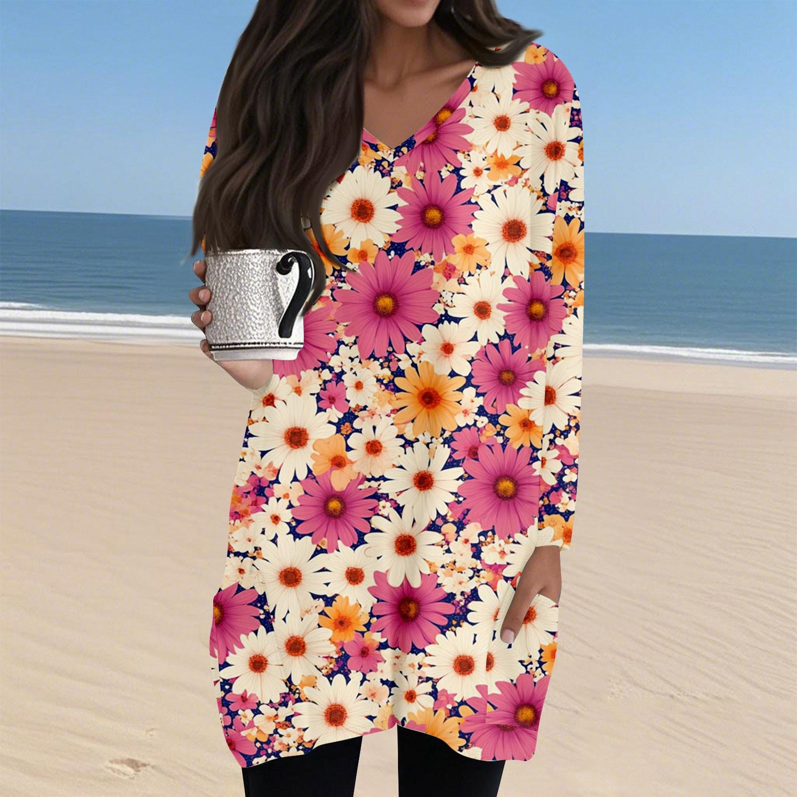 

Ladies Casual And Fashionable V-neck Floral Print Mid Length Pocket Long Sleeved Top M червоний
