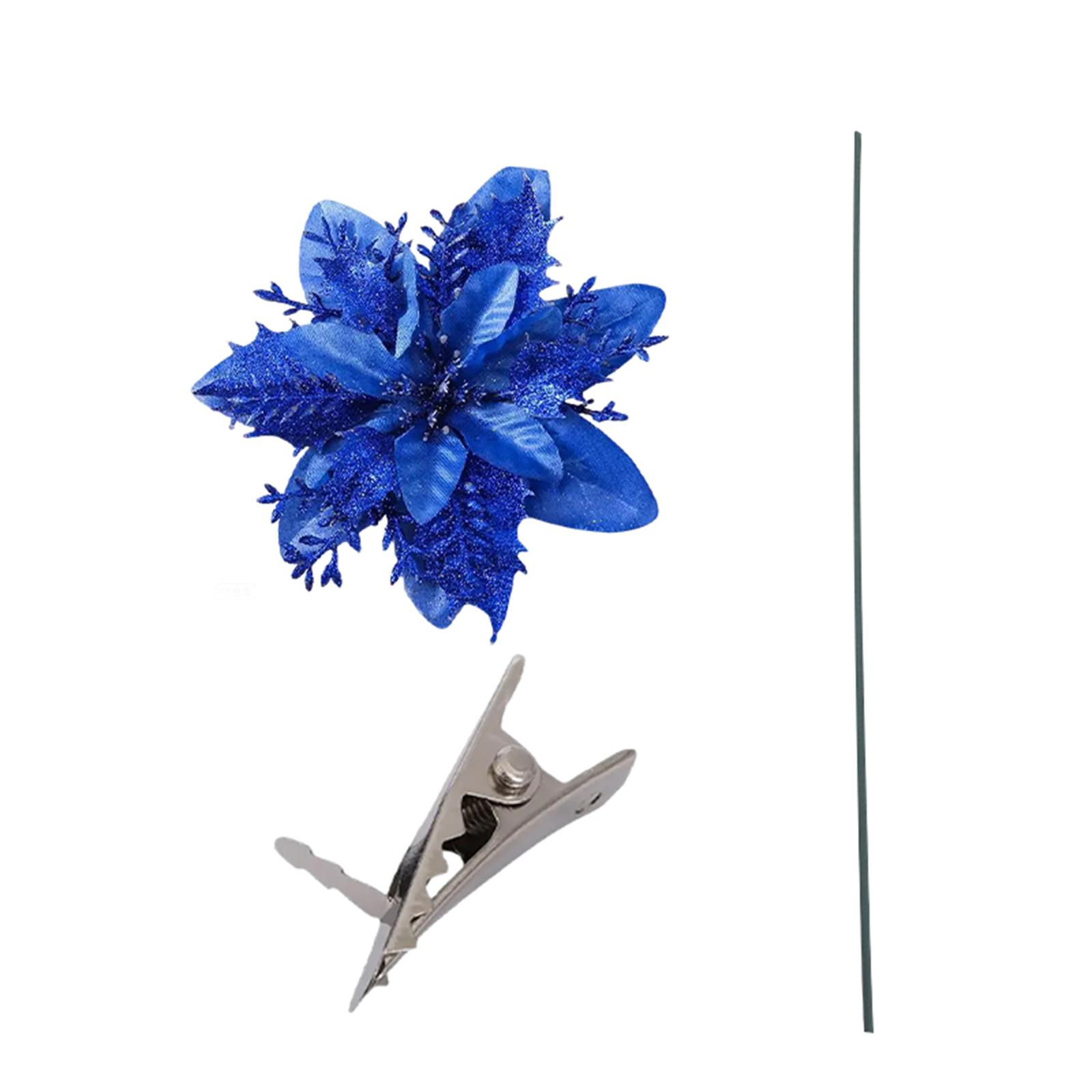 

Glitter Poinsettia 5.5 Inch Artificial Flower Christmas Clip Stem Christmas Tree Ornaments For Wedding Party Wreath Decoration S синий
