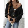 Women Simple Short V Neck Gold Button Long Sleeve Cardigan Sweater Coat