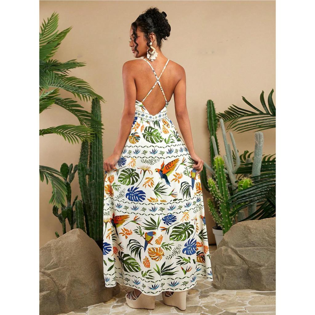 Dámské Boho Květinové plážové letní šaty Letní maxi šaty bez rukávů Špagetová ramínka Ležérní Smocked Splývavé šaty do A Party Dlouhé šaty pro ženy