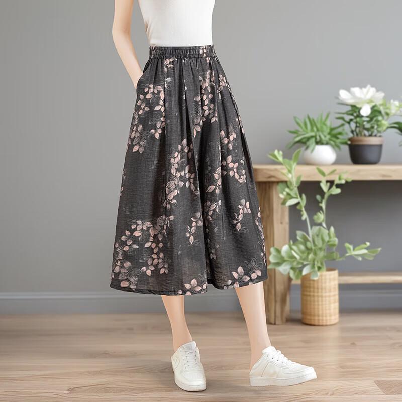 Women s Elastic Waist Floral A-Line Midi Skirt One Size