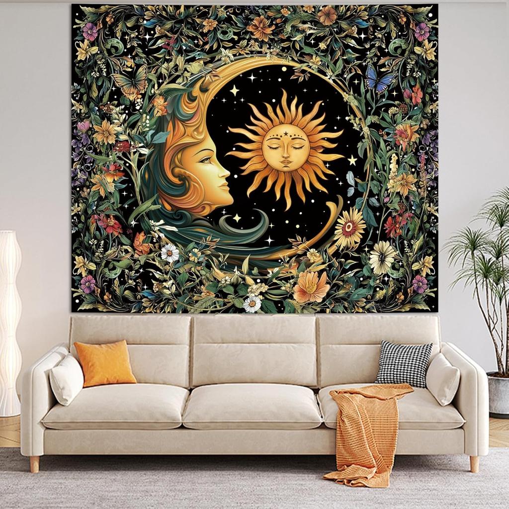 Boho Sun and Moon Tapestry Aesthetic for Bedroom, Bohemian Vintage Mandala Mystic Floral Tapestry Wall Hanging Art Decor