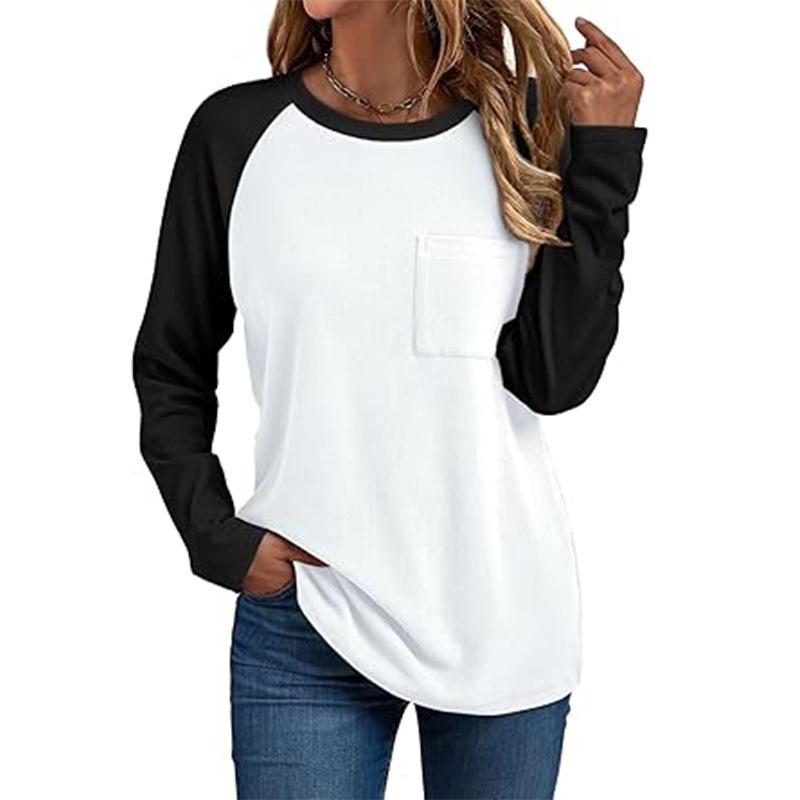 2026 Simple Round Neck Long Sleeve Patchwork T-Shirt Fashionable Pocket Casual Breathable Top