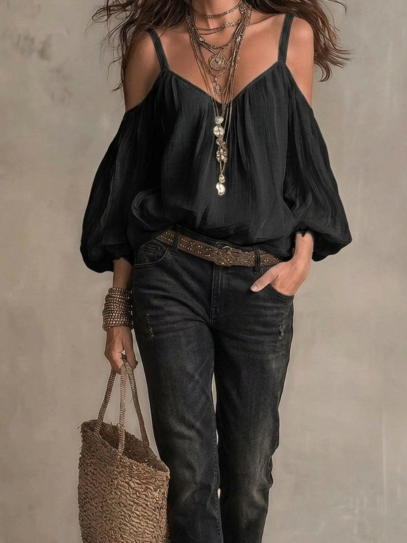 Women S Loose Fitting Cold Shoulder Bubble Sleeve Solid Color Blouse For Vacation S чёрный