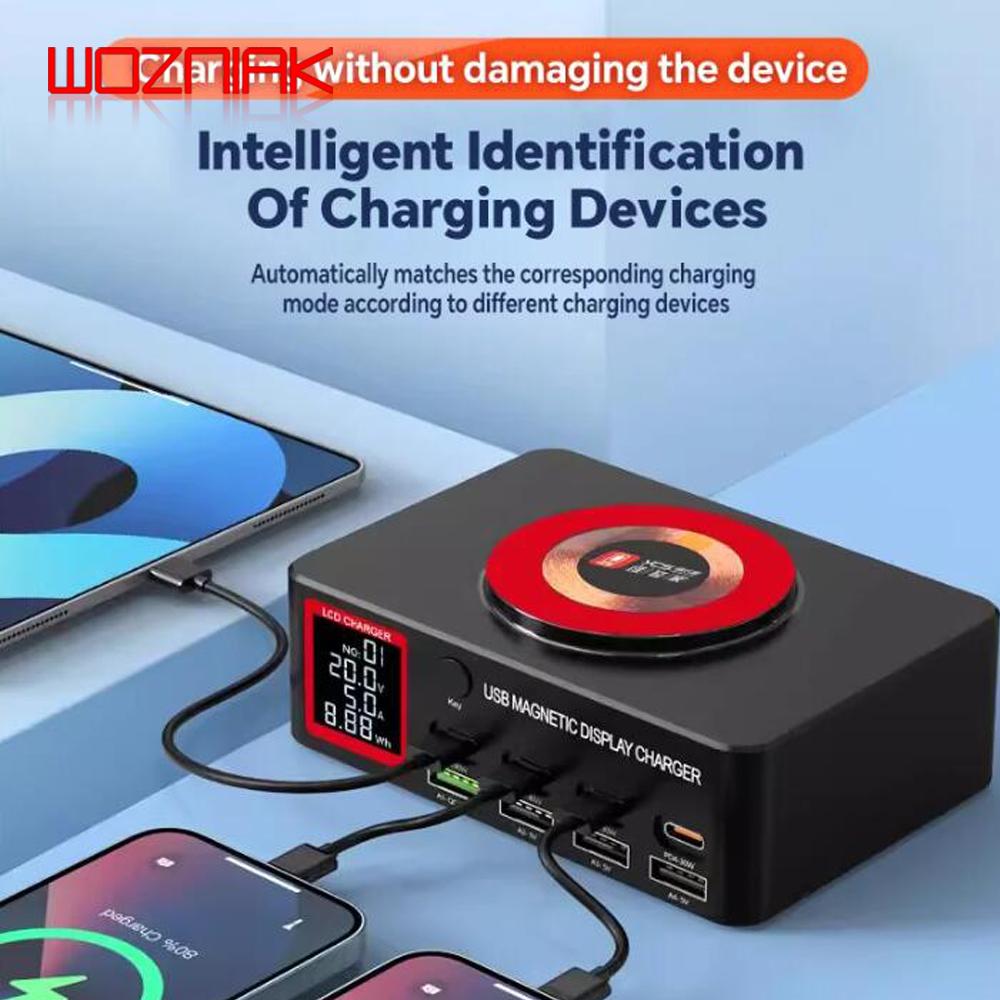 YCS S500/S550/S600 Multi 8 Port USB Charger With 15W Magnetic Wireless Charging PD 100WQC Station For Phones Fast Charge Tools