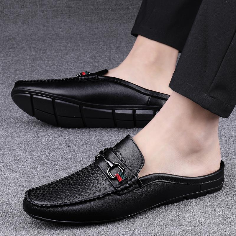 Fashion Summer Breathable Shoes Men Fashion Genuine Leather Half Shoes Slip On Moccasins Casual Italian Style Luxury Brand Half Loafers