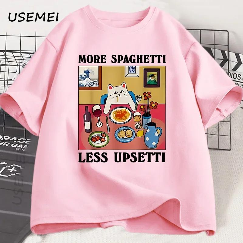 More Spaghetti Less Upsetti Funny Cat TShirt Unisex Unisex Printed T Shirt Harajuku O Neck Cotton Short Sleeve Tee Shirt Cat Lover