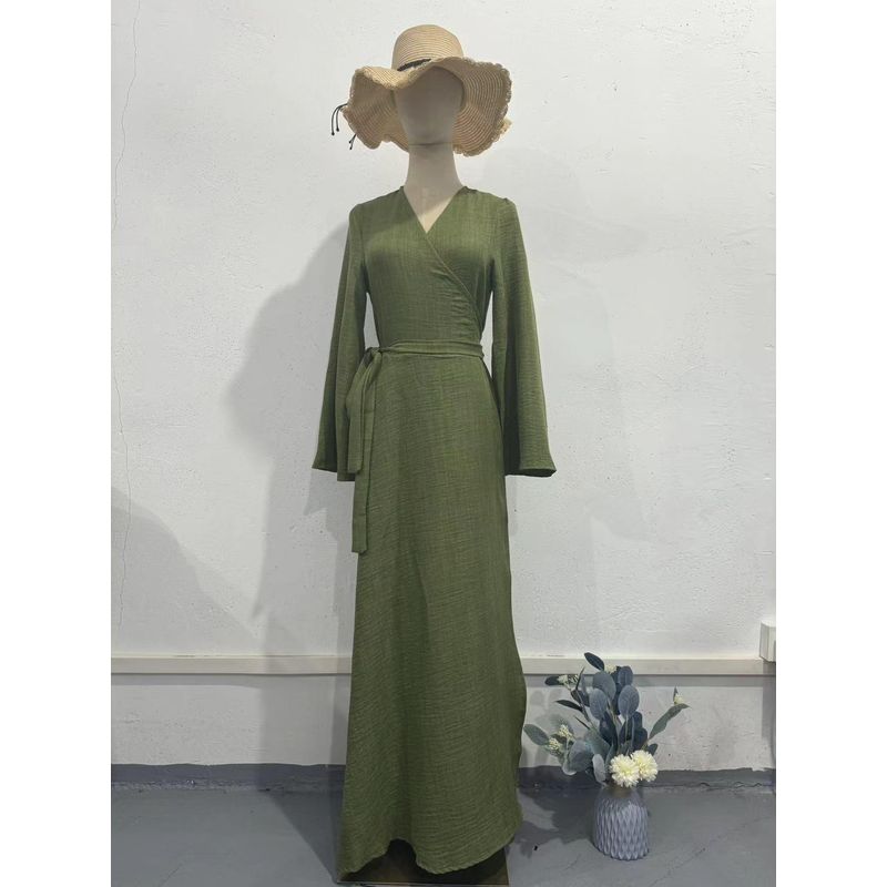 

European and American Chinese Style Long sleeve dress 2025 Summer Cold Feeling Lace-up Waist Hugging V-neck Long dress Fruit Green XXL