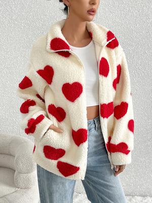 Women Fleece Winter Warm Plush Zipper Jacket Love Printed Casual Coat Loose Long Sleeve Outerwears