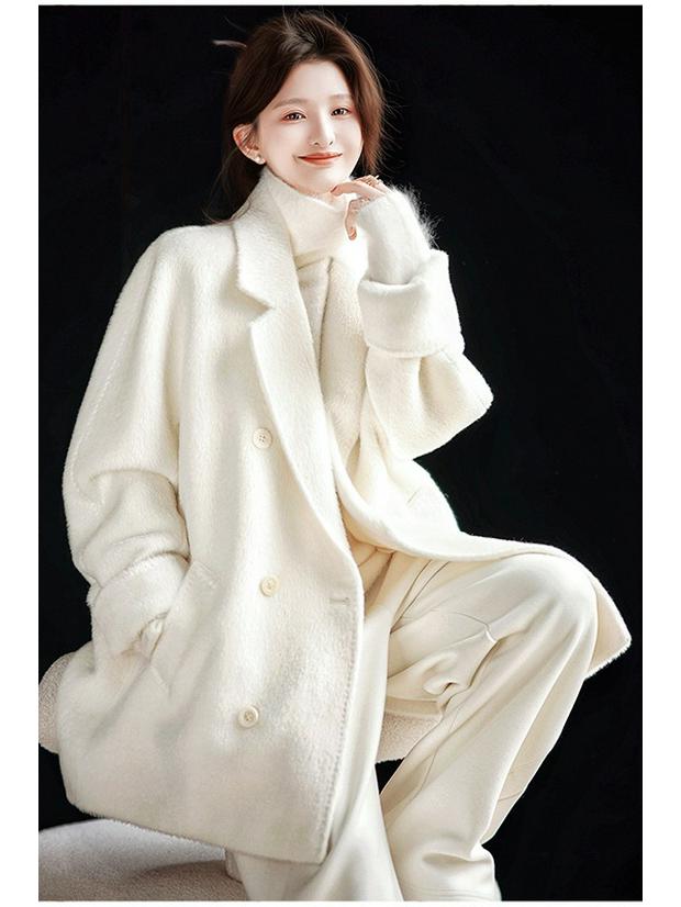 2025 Winter Alpaca Wool Women s Mid-Length Double-Breasted Suit Collar Jacket Large белый