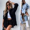 Female Fashion Street Casual Loose Lapel Denim Shredded Lapel Midi Long Jacket Coat