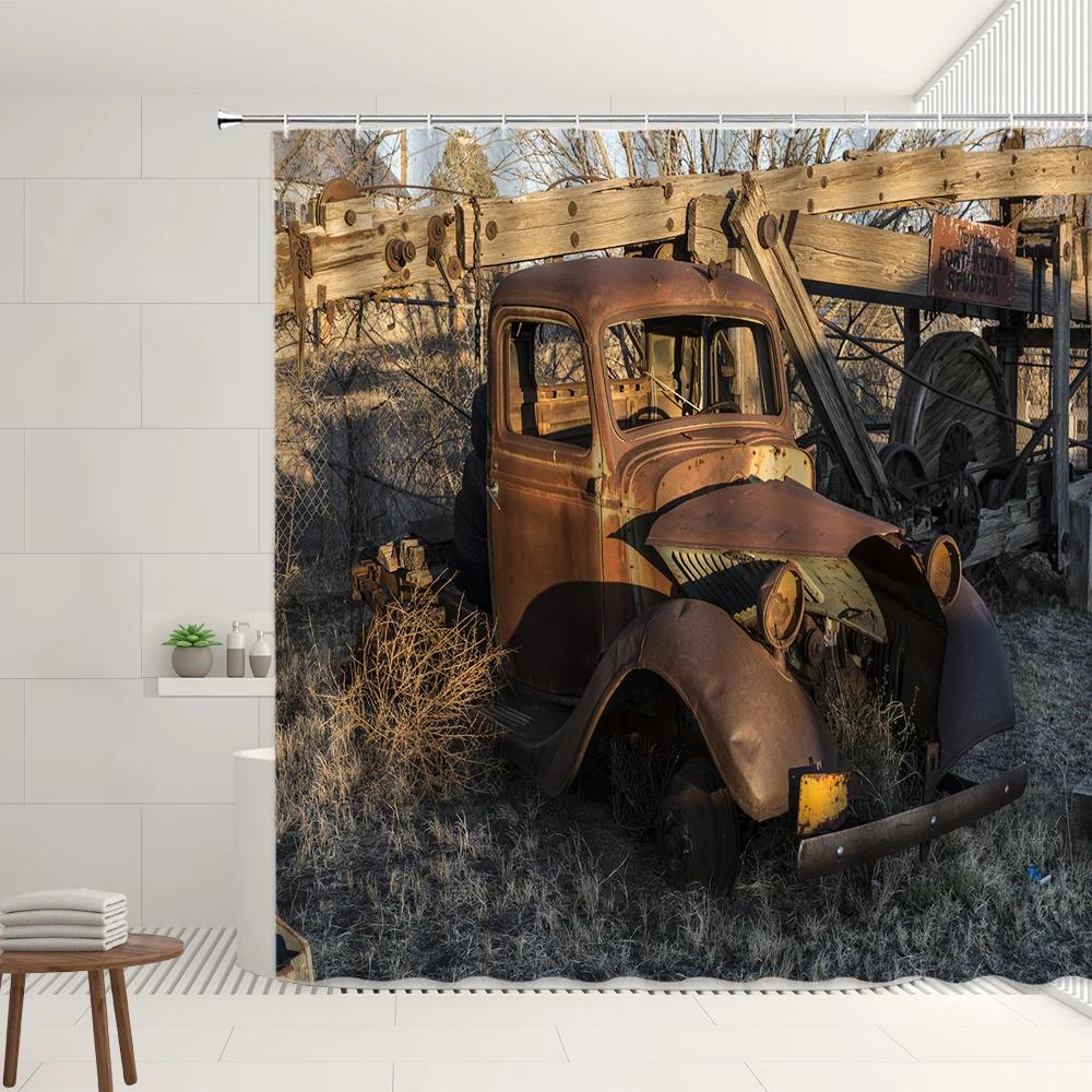 Green Plants Planted In The Hood Shower Curtain Set Scrapped Rusty Vintage Car Forest Tree Leaves Bathroom Bathtub Decor Screens