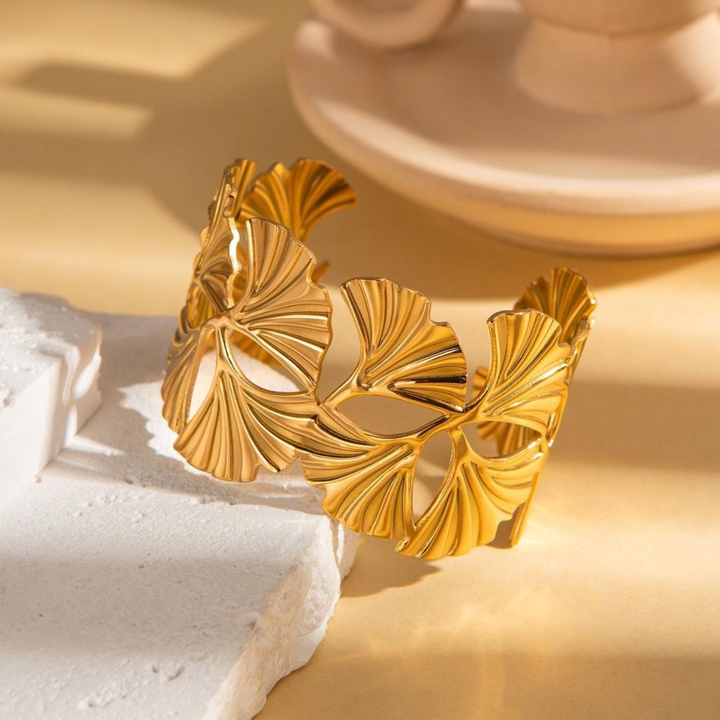 Vintage Artistic Gold Color Open Adjustable Hollowed-out Overlapping Flower Wide-faced Bangle for Women Girl Designer Jewelry