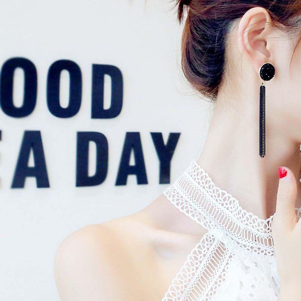 Girls Lady Long Black Party Accessories Round Ear Studs Jewelry Tassel Dangle Earrings Fashion