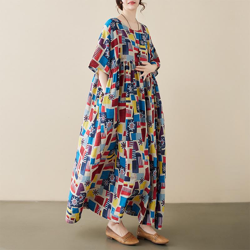 Simple literary and idyllic summer new loose and thin bohemian foreign trade short-sleeved dress, women