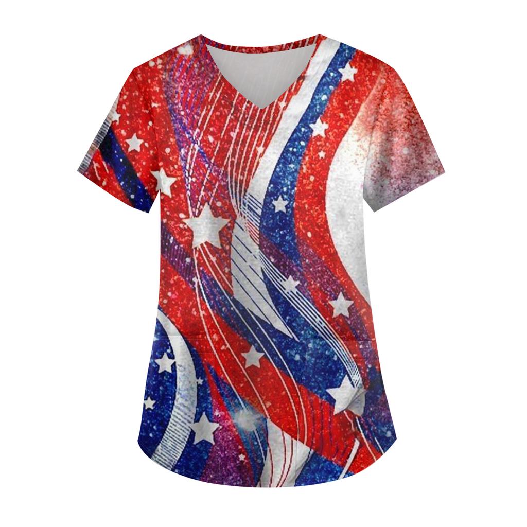 Modisches V-Ausschnitt-Taschen-Kurzarm-Uniform- und Pflegekraft-Oberteil für Damen mit Aufdruck zum Unabhängigkeitstag