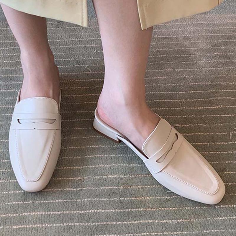 Mulheres de verão mulas deslizam em mocassins baixos fechados bico quadrado mocassins moda confortável couro pu sem costas mulas sapatos casuais slides