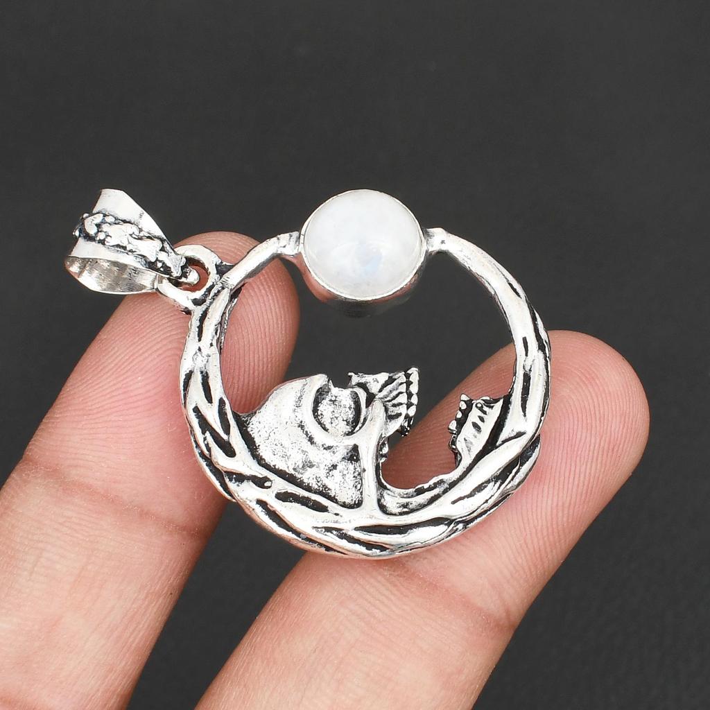 925 Sterling Silver Crescent Moon Skull Pendant for Men & Women Witchy Boho Jewelry with Rainbow Moonstone Gemstone