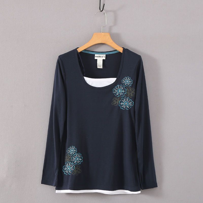 

Australian Single Mill * Cotton Embroidered Knitting T-shirt Fake Two-Piece Bottoming Shirts Large Sizes Availiable Knitted T-shirt Navy 12