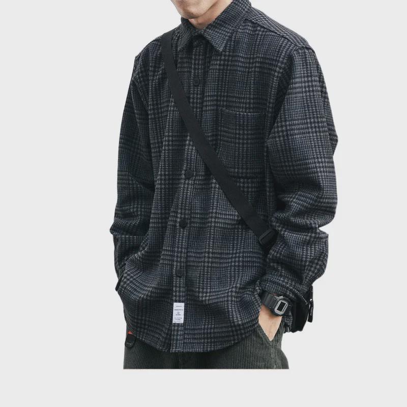 Men's Trendy Retro Plaid Woolen Shirt - Autumn/Winter Long-Sleeve, Loose Fit, Versatile and Thickened Casual Wear