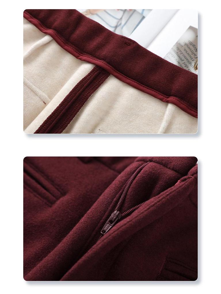 Ancola Women's Red Wool Pants: 2024 Autumn/Winter Plus Velvet Straight-Leg Wide-Leg Style