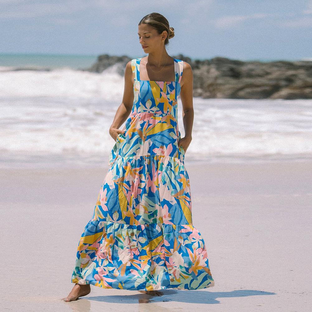 

Women s Floral Print Spaghetti Strap Maxi Dress Summer Boho Chic Beach Cover Up XL різнокольоровий