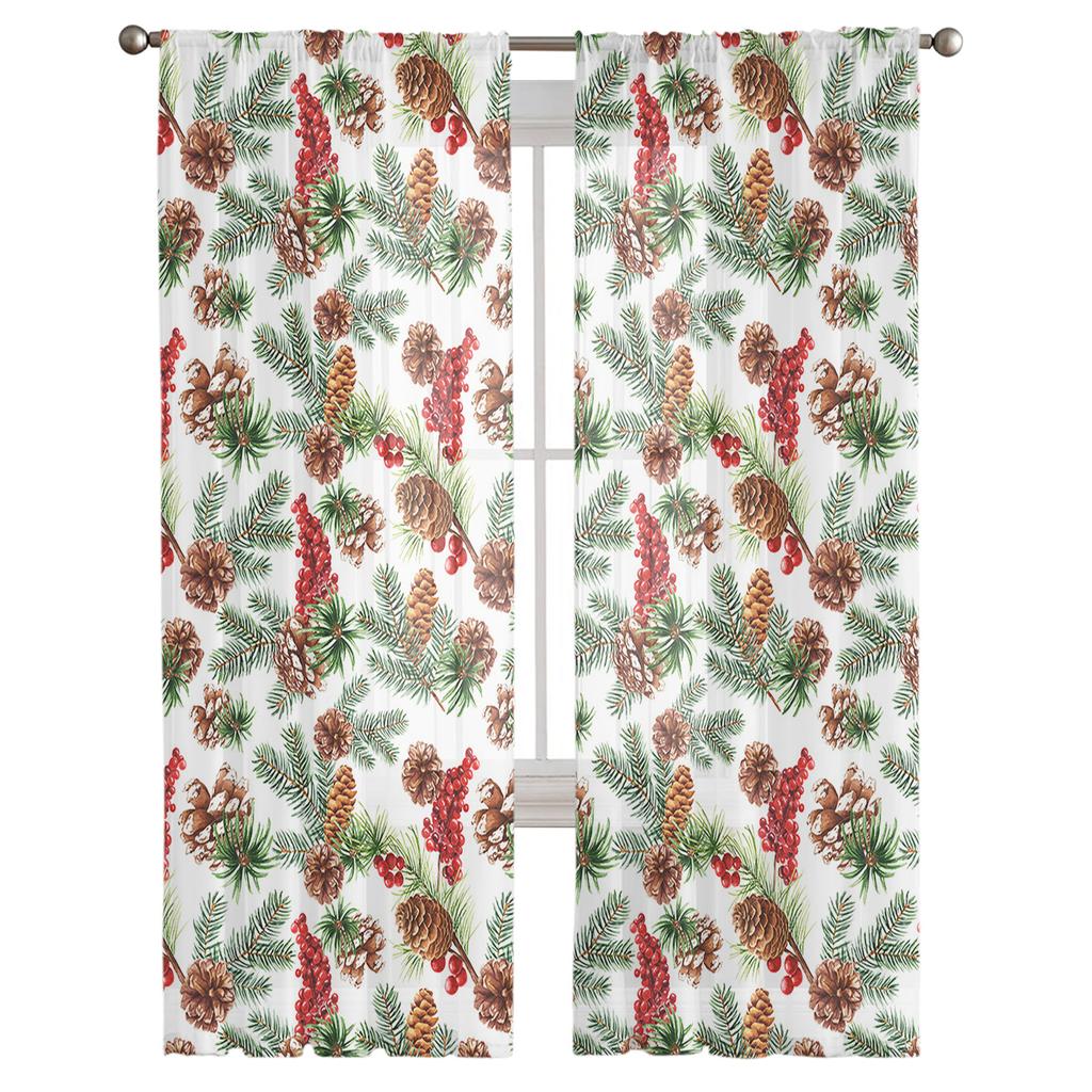 Weihnachts-Kiefernzapfen Kiefernnadeln Frucht Transparente Vorhänge für Kinderzimmer Wohnzimmer Voile-Vorhänge Weihnachten Küche Tüllvorhang