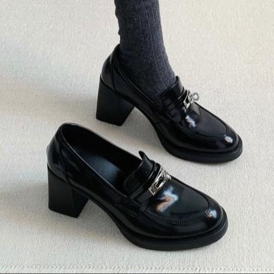 Retro Metal Buckle High-heeled Women's New Style Thick-soled Leather Shoes