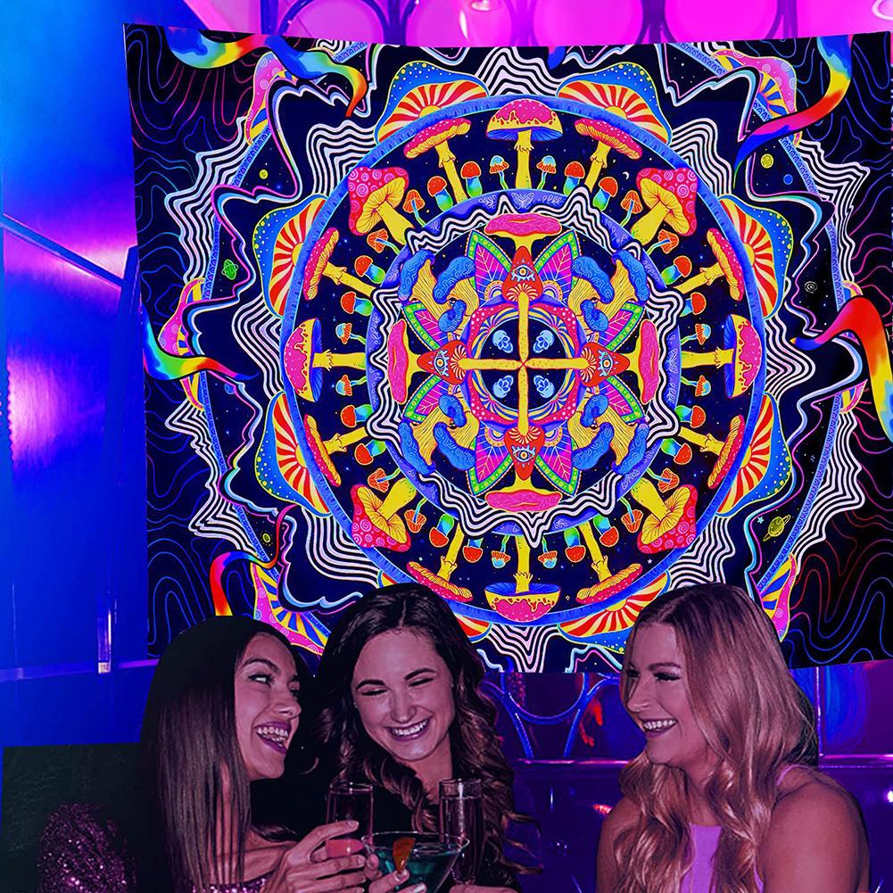 Hanging Wall Tapestry Colorful Uv Reactive Blacklight Mushroom Background Wall Cloth With Installation Accessories